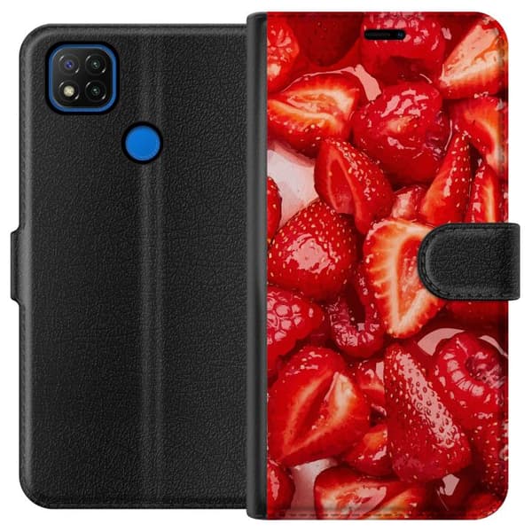 Xiaomi Redmi 9C Tegnebogsetui Jordbærmønster - sødt motiv med sommerstemning