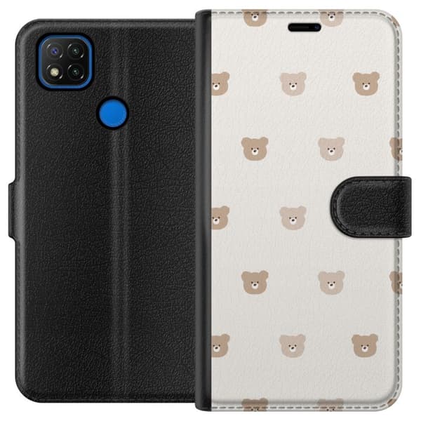 Xiaomi Redmi 9C Lompakkokotelo Teddy-tausta - söpöt teddykarhut pehmeällä taustalla
