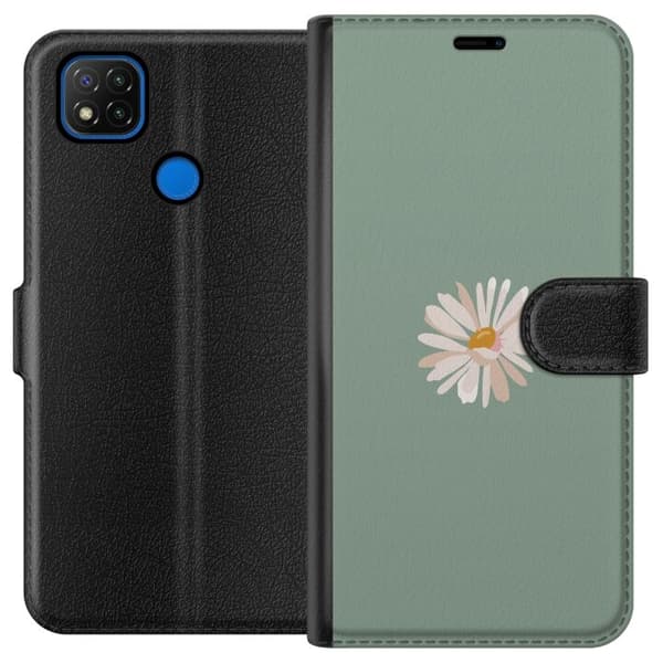 Xiaomi Redmi 9C Plånboksfodral Grön Minimalblomma – stilren blomma på grön bakgrund