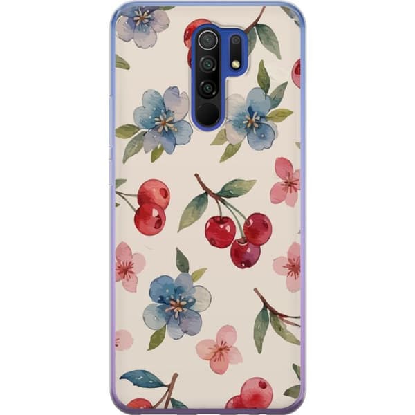Xiaomi Redmi 9 Gennemsigtig cover Bær & Blomster - mønster med blå blomster og skovbær
