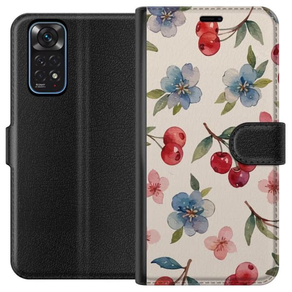 Xiaomi Redmi Note 11 Lompakkokotelo Marjat & Kukat - kuvio, jossa on sinisiä kukkia ja metsänmarjoja