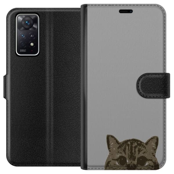 Xiaomi Redmi Note 11 Pro 5G Lompakkokotelo Harmaa kissan katse - tyylikäs kissa suunnittelu harmaalla taustalla