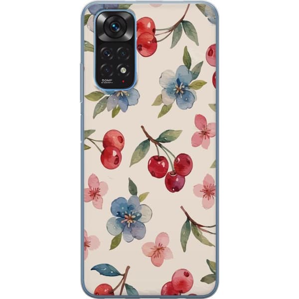 Xiaomi Redmi Note 11S Läpinäkyvä kuori Marjat & Kukat - kuvio, jossa on sinisiä kukkia ja metsänmarjoja