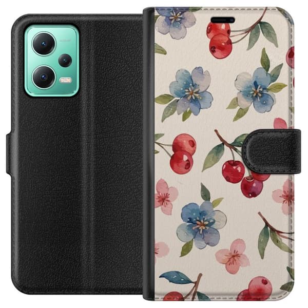Xiaomi Redmi Note 12 Lommeboketui Bær & Blomster - mønster med blå blomster og skogsbær
