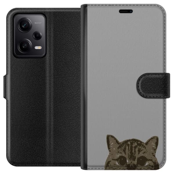Xiaomi Redmi Note 12 Pro Plånboksfodral Grå Kattblick – stilren kattdesign med grå bakgrund