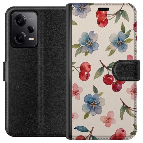 Xiaomi Redmi Note 12 Pro Plånboksfodral Bär & Blommor – mönster med blå blommor och skogsbär