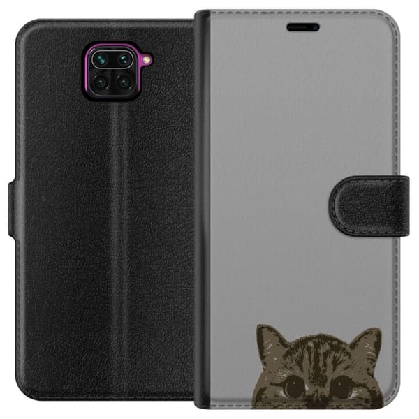 Xiaomi Redmi Note 9 Tegnebogsetui Grå Katteblik - stilfuld kat design med grå baggrund