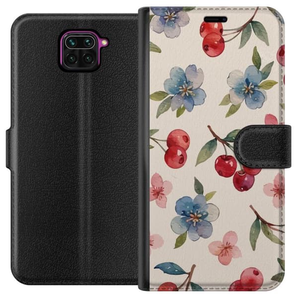 Xiaomi Redmi Note 9 Lompakkokotelo Marjat & Kukat - kuvio, jossa on sinisiä kukkia ja metsänmarjoja