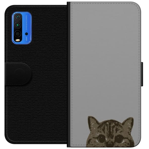 Xiaomi Redmi Note 9 4G Lommeboketui Grå Kattblikk - stilren katte design med grå bakgrunn