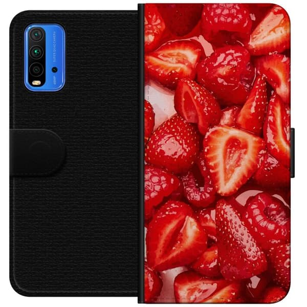 Xiaomi Redmi Note 9 4G Lompakkokotelo Mansikkakuviointi - makea motiivi kesäfiiliksellä