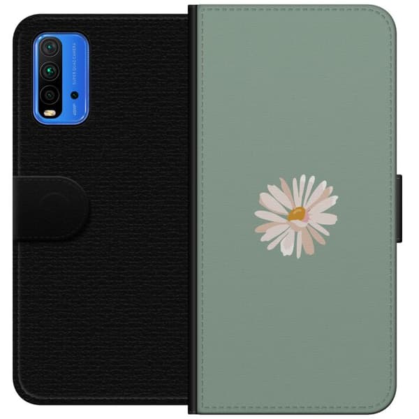 Xiaomi Redmi Note 9 4G Plånboksfodral Grön Minimalblomma – stilren blomma på grön bakgrund