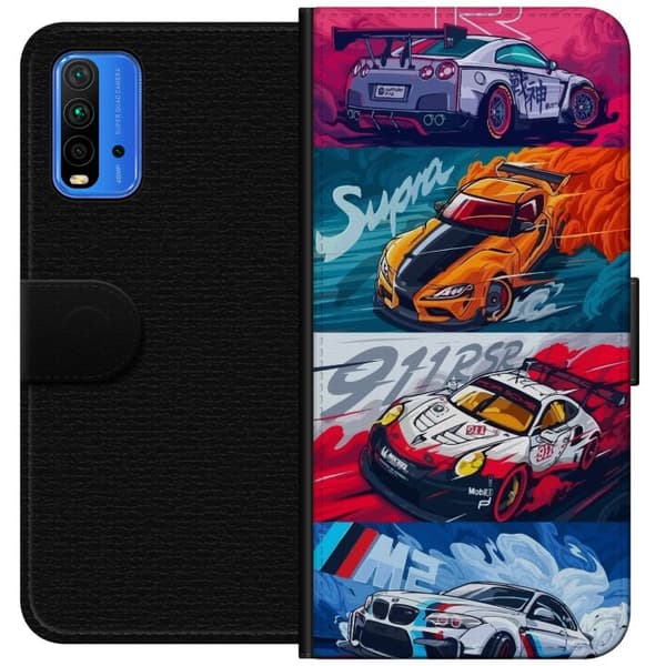 Xiaomi Redmi Note 9 4G Plånboksfodral Fartfyllda Bilar – tecknat mönster med action