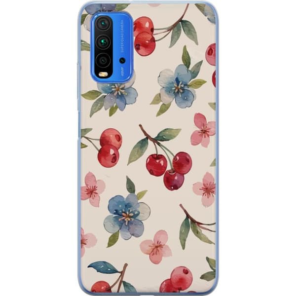 Xiaomi Redmi Note 9 4G Gjennomsiktig deksel Bær & Blomster - mønster med blå blomster og skogsbær