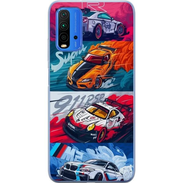 Xiaomi Redmi Note 9 4G Läpinäkyvä kuori Nopeat Autot - Piirretty Kuvio Toiminnalla
