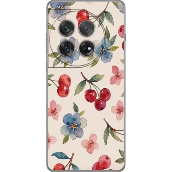 OnePlus 12 Gennemsigtig cover Bær & Blomster - mønster med blå blomster og skovbær