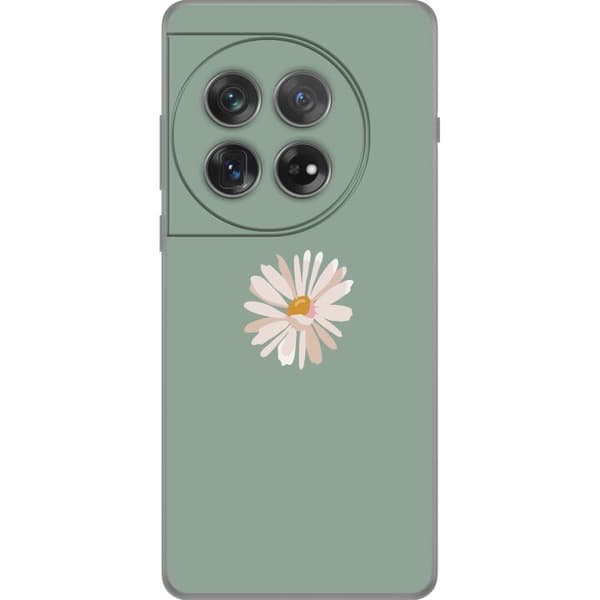 OnePlus 12 Genomskinligt Skal Grön Minimalblomma – stilren blomma på grön bakgrund