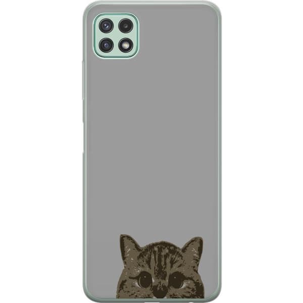 Samsung Galaxy A22 5G Genomskinligt Skal Grå Kattblick – stilren kattdesign med grå bakgrund