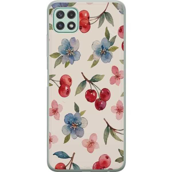 Samsung Galaxy A22 5G Läpinäkyvä kuori Marjat & Kukat - kuvio, jossa on sinisiä kukkia ja metsänmarjoja