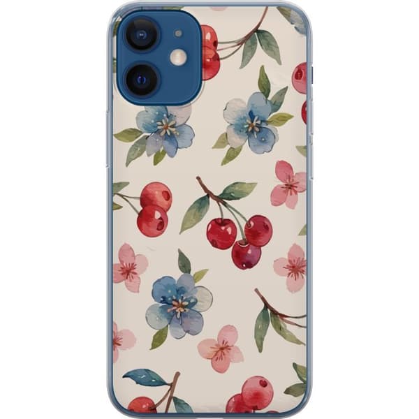 Apple iPhone 12 mini Läpinäkyvä kuori Marjat & Kukat - kuvio, jossa on sinisiä kukkia ja metsänmarjoja