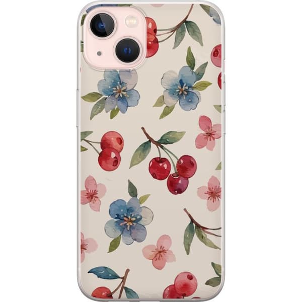 Apple iPhone 13 Gennemsigtig cover Bær & Blomster - mønster med blå blomster og skovbær