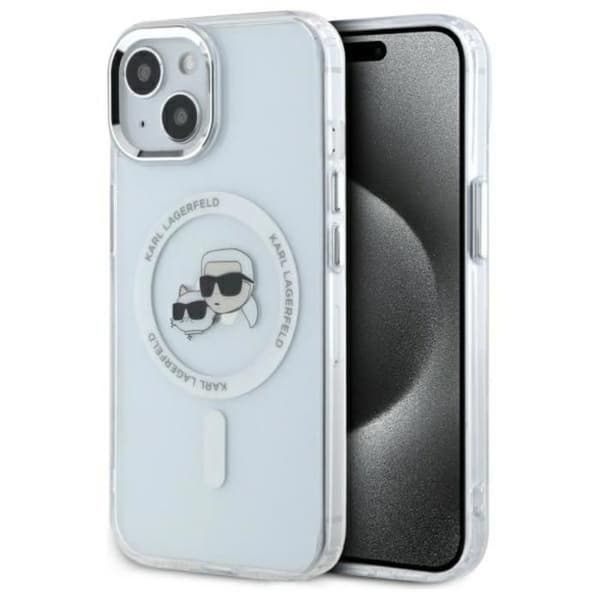 Coque MagSafe Karl Lagerfeld IML Metal Karl & Choupette för iPhone 15 (Vit)