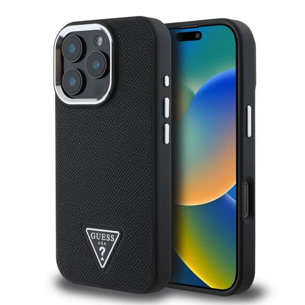 Skydd för iPhone 16 Pro Max Stötsäker med Texturerad Yta och Triangulär Guess-logotyp Svart