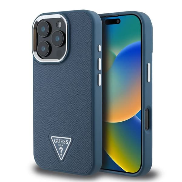 Skydd för iPhone 16 Pro Max Stötabsorberande med Gråfflad Effekt och Triangulärt Guess-logotyp Blå