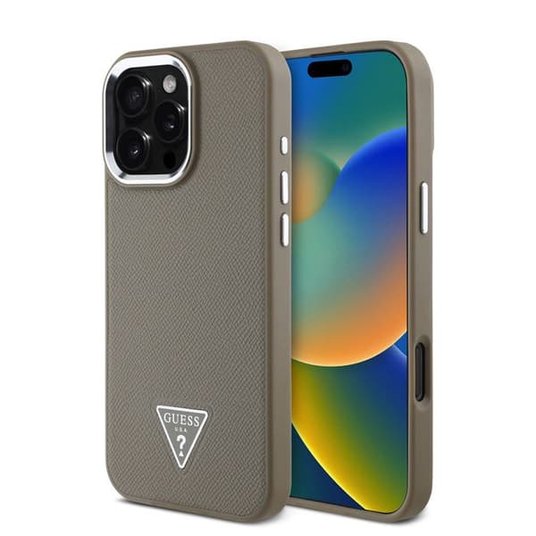 Stöd för iPhone 16 Pro Max Stötbeständig med Texturerad Yta och Guess Triangel Logotyp Brun