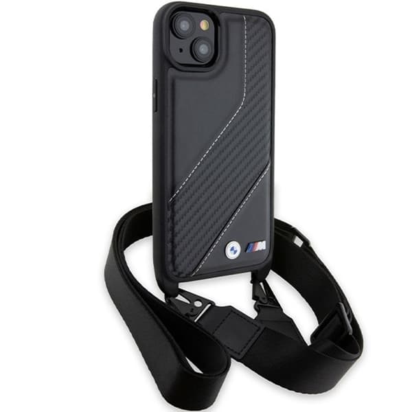 iPhone 15 Plus Fodral - BMW Läder M Edition Kolfiber Stripe & Rem (BMHCP15M23PSCCK) - Svart