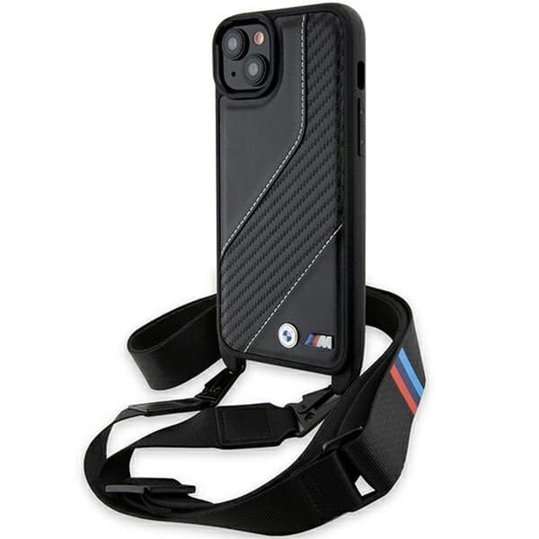 iPhone 15 Plus Fodral - BMW Läder M Edition Kolfiber Stripe &amp; Rem (BMHCP15M23PSCCK) - Svart