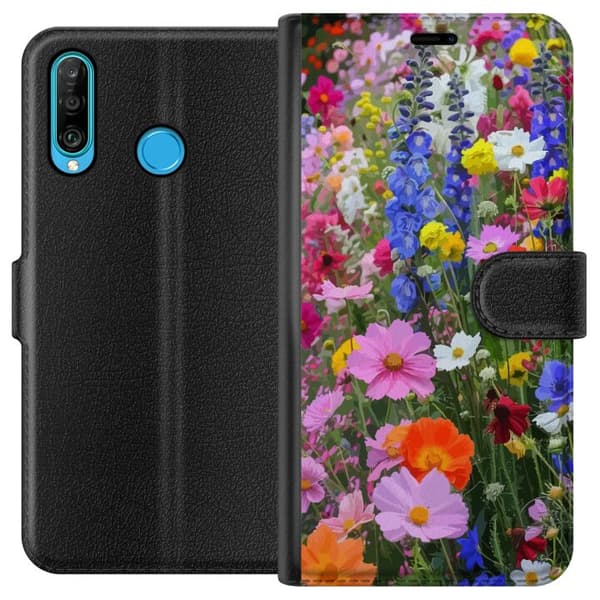 Huawei P30 lite Lompakkokotelo Kukkakuvioinen mobiilikuori kesäisellä niityllä ja luontomaisemalla