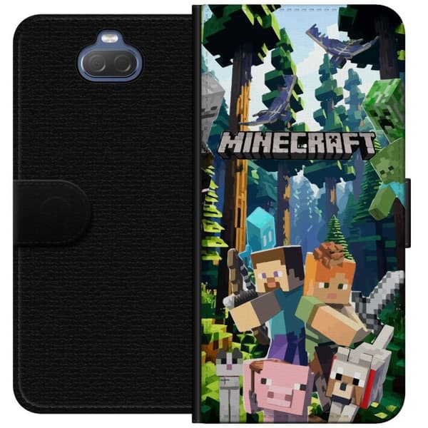 Sony Xperia 10 Plus Plånboksfodral Minecraft mobilskal med skog och figurer i pixelstil