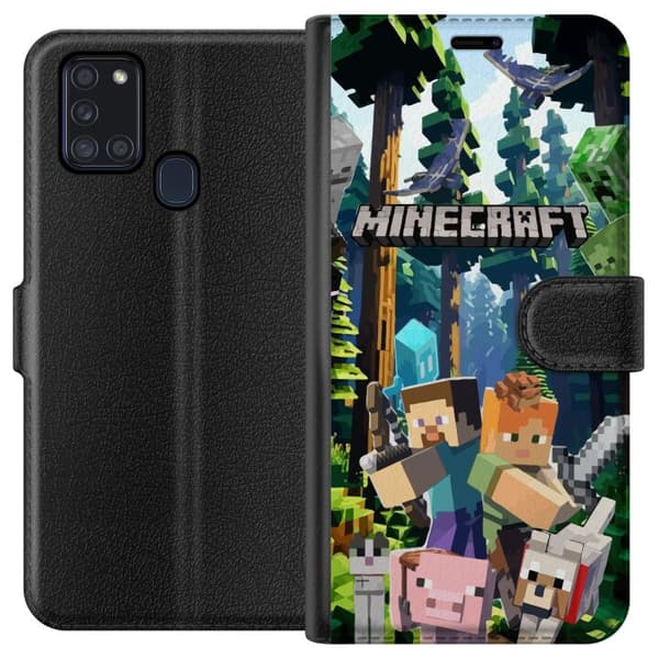 Samsung Galaxy A21s Tegnebogsetui Minecraft mobiltelefon dækning med skov og pixel karakterer