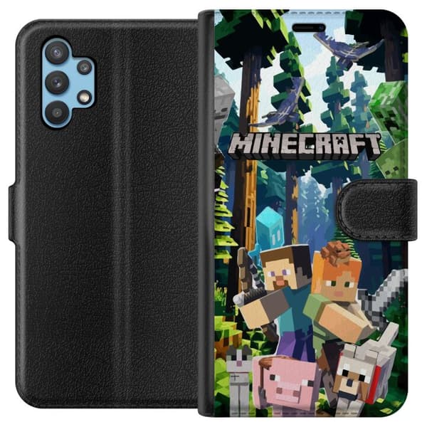 Samsung Galaxy A32 5G Lommeboketui Minecraft mobildeksel med skog og figurer i pikselstil