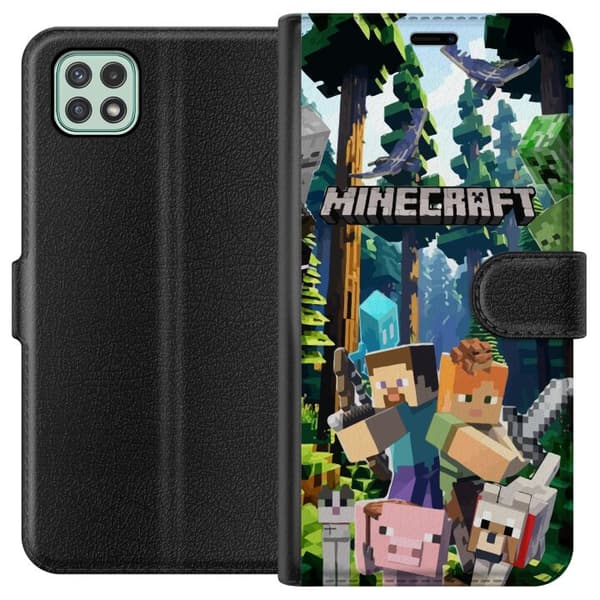 Samsung Galaxy A22 5G Plånboksfodral Minecraft mobilskal med skog och figurer i pixelstil