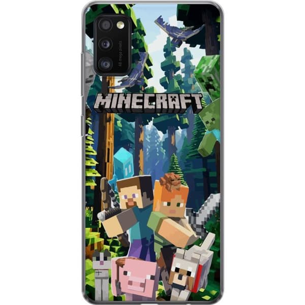 Samsung Galaxy A41 Genomskinligt Skal Minecraft mobilskal med skog och figurer i pixelstil