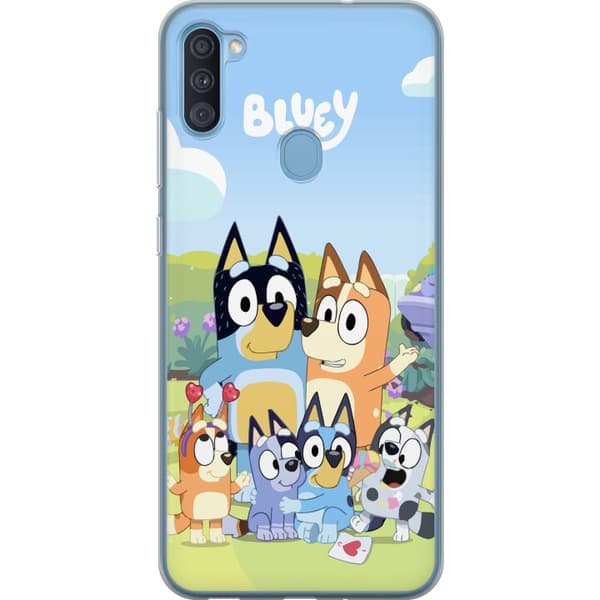 Samsung Galaxy A11 Gennemsigtig cover Bluey mobilcover med hele familien i farverigt design