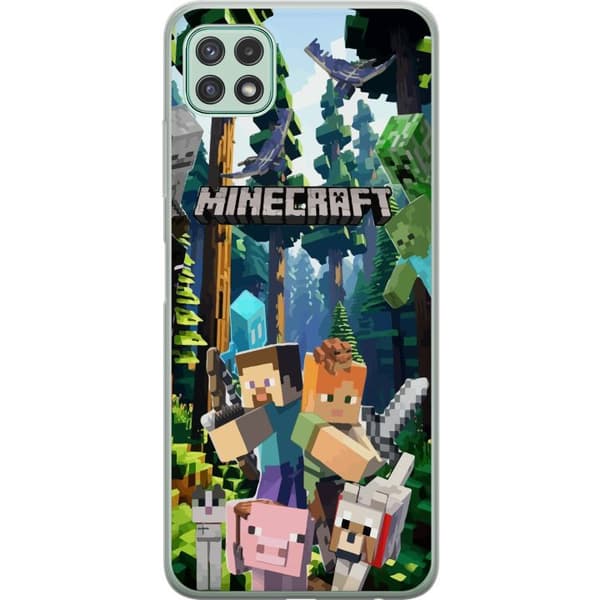 Samsung Galaxy A22 5G Genomskinligt Skal Minecraft mobilskal med skog och figurer i pixelstil