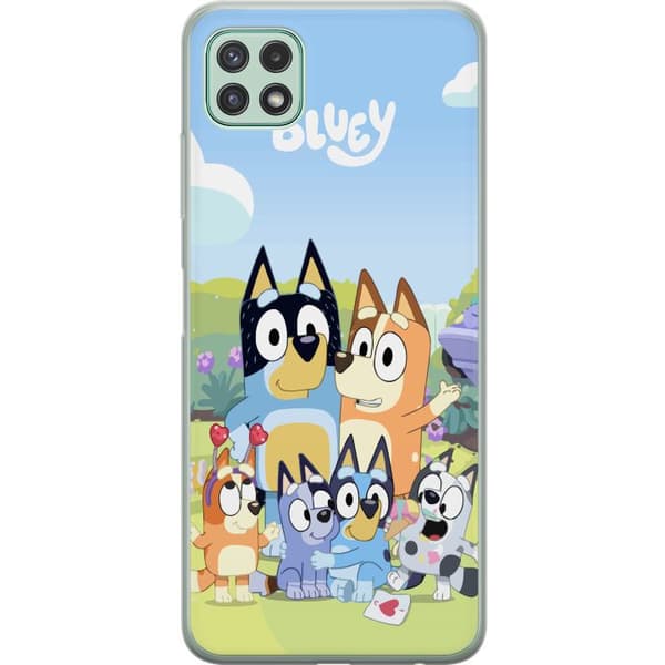 Samsung Galaxy A22 5G Genomskinligt Skal Bluey mobilskal med hela familjen i färgglad design