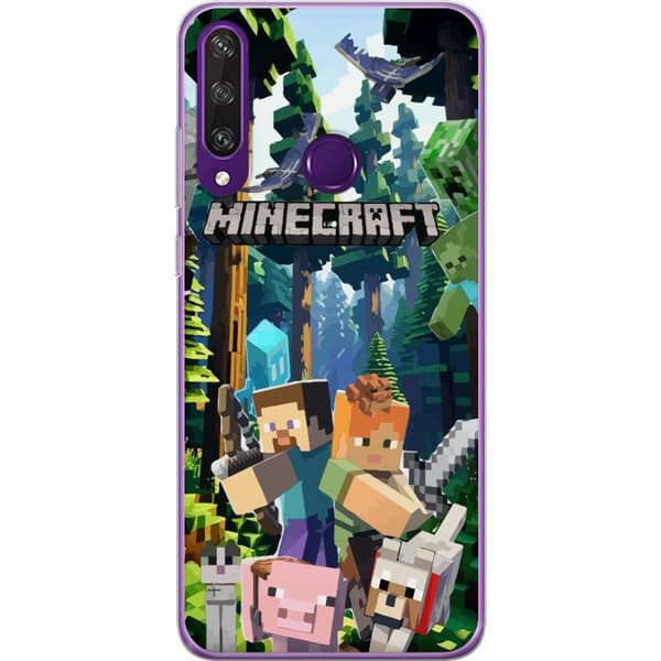 Huawei Y6p Genomskinligt Skal Minecraft mobilskal med skog och figurer i pixelstil