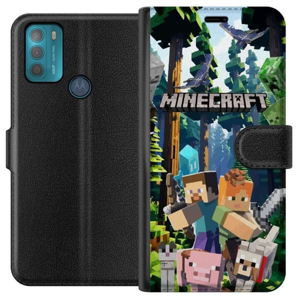 Motorola Moto G50 Tegnebogsetui Minecraft mobiltelefon dækning med skov og pixel karakterer