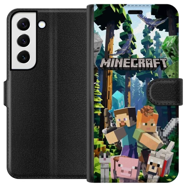 Samsung Galaxy S22+ 5G Lompakkokotelo Minecraft-matkapuhelinkotelo metsällä ja pikselityylisillä hahmoilla