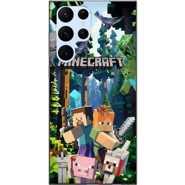 Samsung Galaxy S22 Ultra 5G Läpinäkyvä kuori Minecraft-matkapuhelinkotelo metsällä ja pikselityylisillä hahmoilla