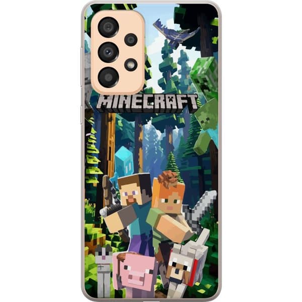 Samsung Galaxy A33 5G Gjennomsiktig deksel Minecraft mobildeksel med skog og figurer i pikselstil