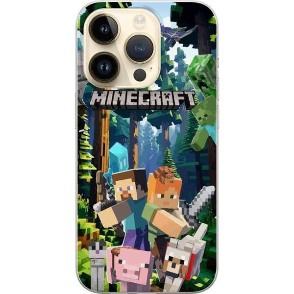 Apple iPhone 14 Pro Genomskinligt Skal Minecraft mobilskal med skog och figurer i pixelstil