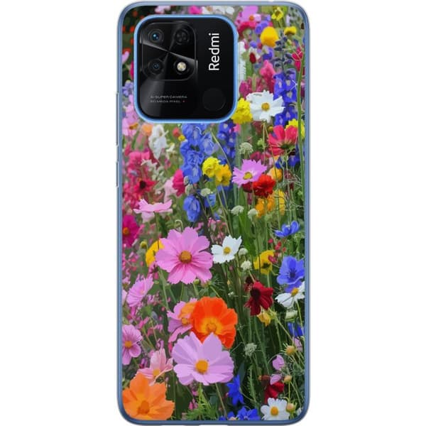 Xiaomi Redmi 10C Gennemsigtig cover Blomstret mobilcover med sommerlig eng og naturmotiv