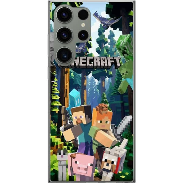 Samsung Galaxy S23 Ultra Gennemsigtig cover Minecraft mobiltelefon dækning med skov og pixel karakterer