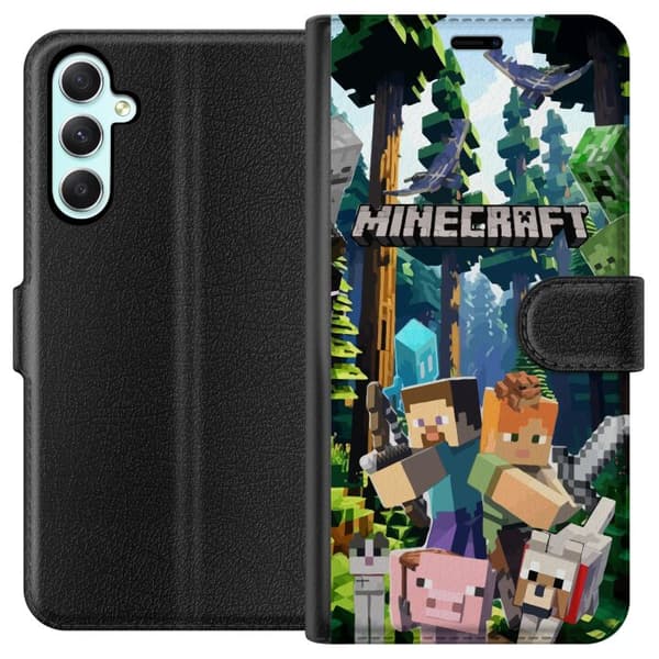 Samsung Galaxy A34 Plånboksfodral Minecraft mobilskal med skog och figurer i pixelstil