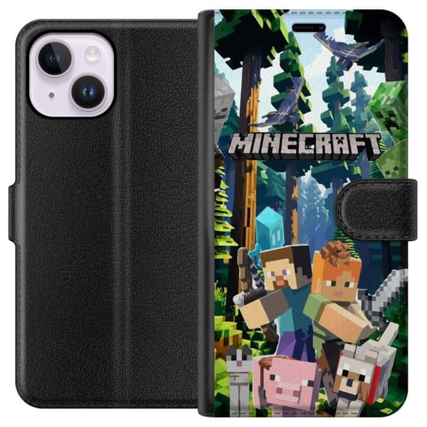 Apple iPhone 15 Plus Tegnebogsetui Minecraft mobiltelefon dækning med skov og pixel karakterer