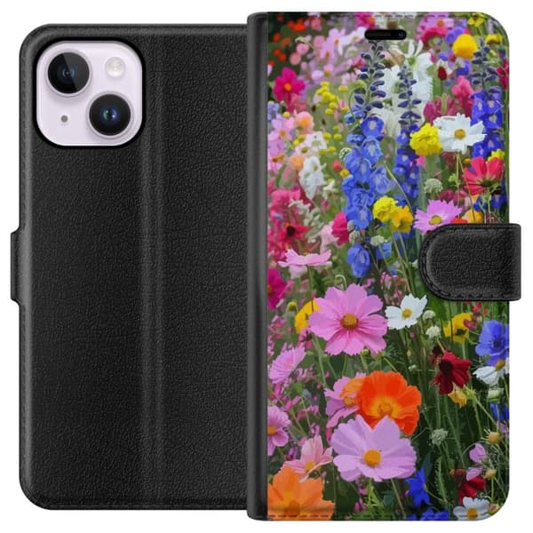 Apple iPhone 15 Plus Plånboksfodral Blommigt mobilskal med somrig äng och naturmotiv